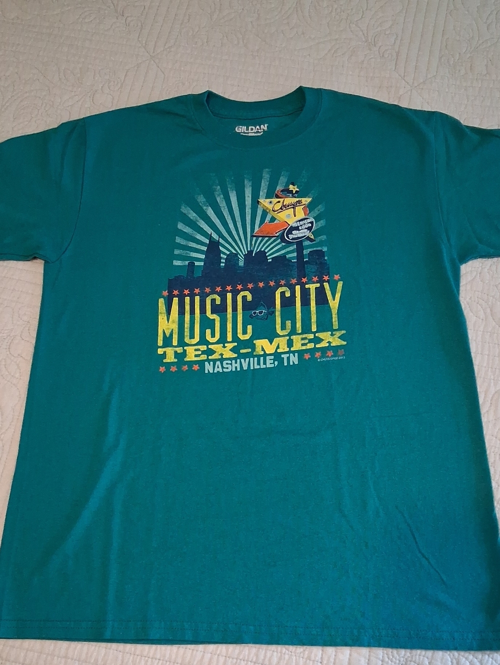 Gildan Men's Teal Chuy's 'Music City Tex-Mex' Graphic T-Shirt, VGUC